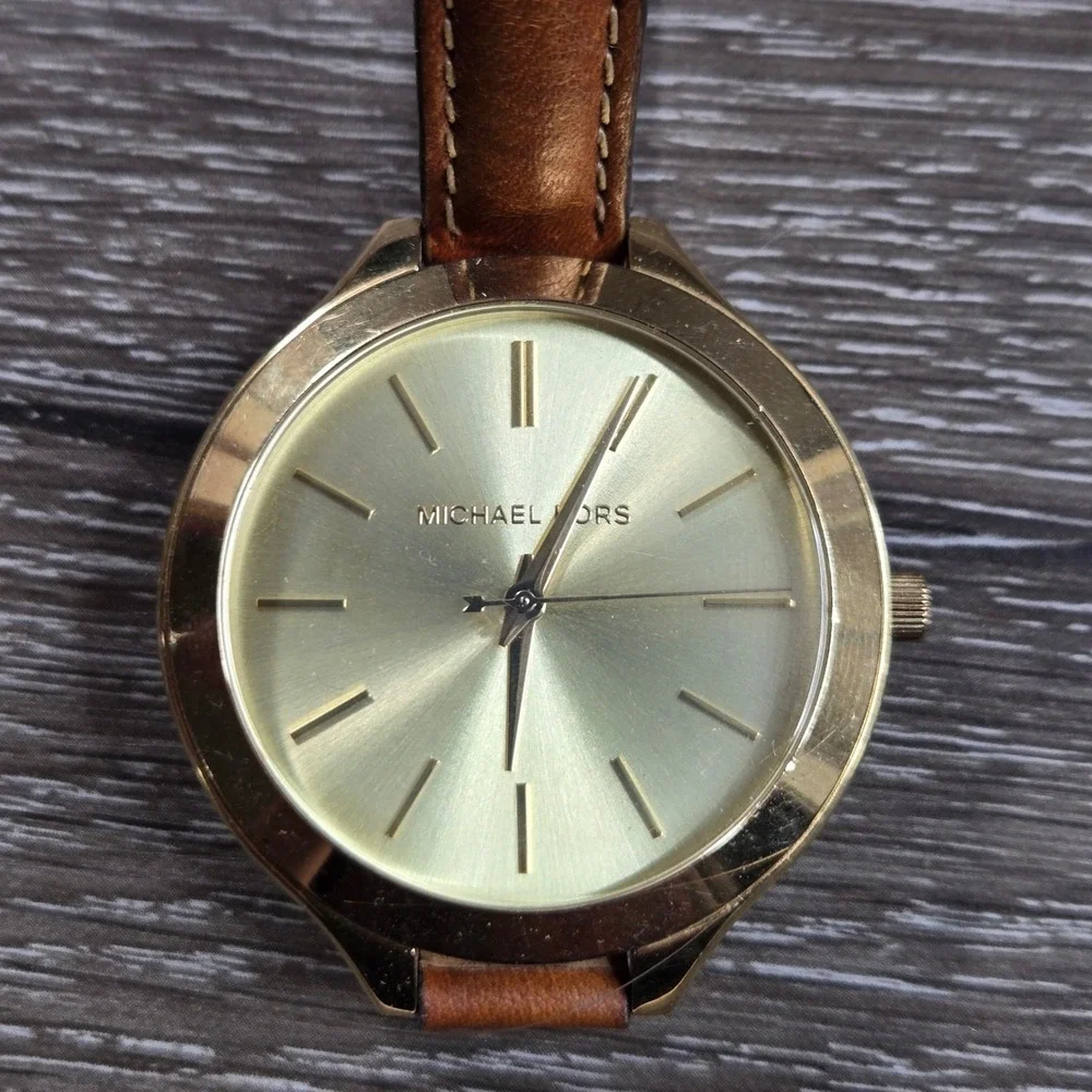 Michael Kors MK-2256 Gold Tone Brown Leather Strap Women Watch Wrap Tested